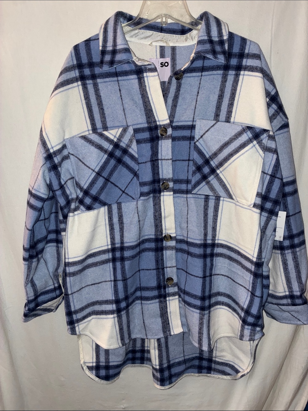SO Light Blue & White Plaid Button-Down Flannel Jacket